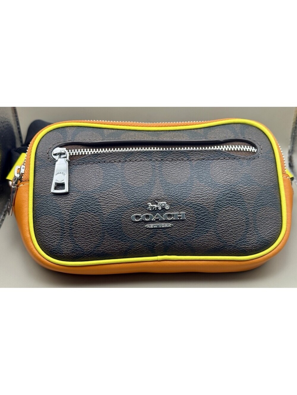 NEW Coach Signature Belt Bag Fanny Pack Crossbody Neon Yellow Orange Trim No Tag - Picture 2 of 15